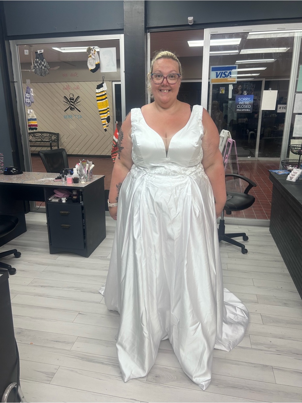 White V-Neck Satin Bridal Ball Gown Dress
